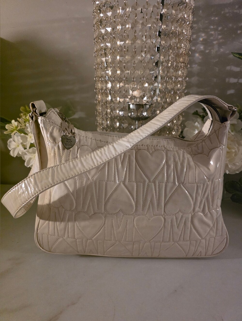 Moschino Cream Patent Quilted Heart Shoulder Bag Y2K Style